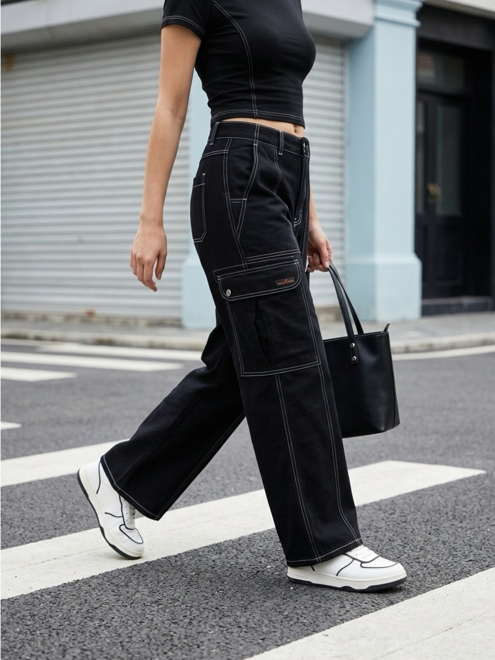 BDG Women’s Size 29 Black Wide-Leg Cargo Pants with Contrast Stitching Skater